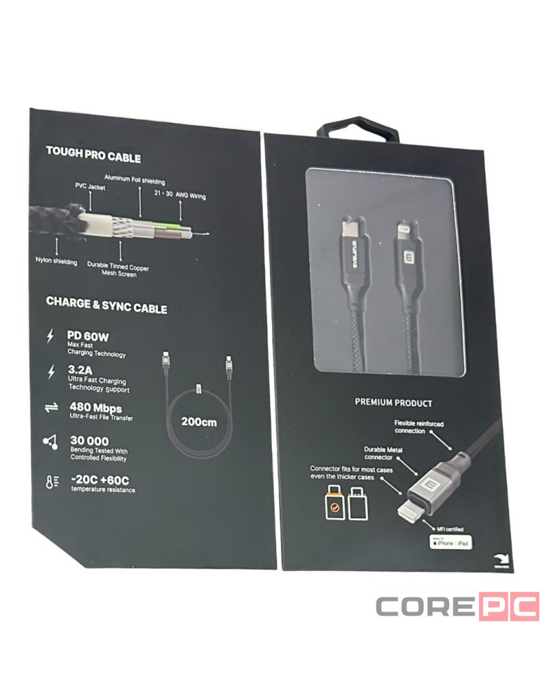 Usb Кабель-зарядка Type-C на Lightning Evelatus 60W 2м в тканевой оплетке черный