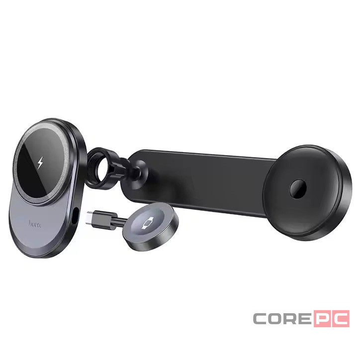 Держатель в автомобиль на торпеду 2в1 Hoco HW28 с беспроводной зарядкой для телефона и часов чёрный