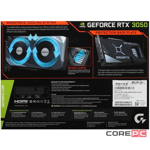 Видеокарта Gigabyte (GV-N3050WF2OC-8GD) GeForce RTX 3050 8GB WINDFORCE OC