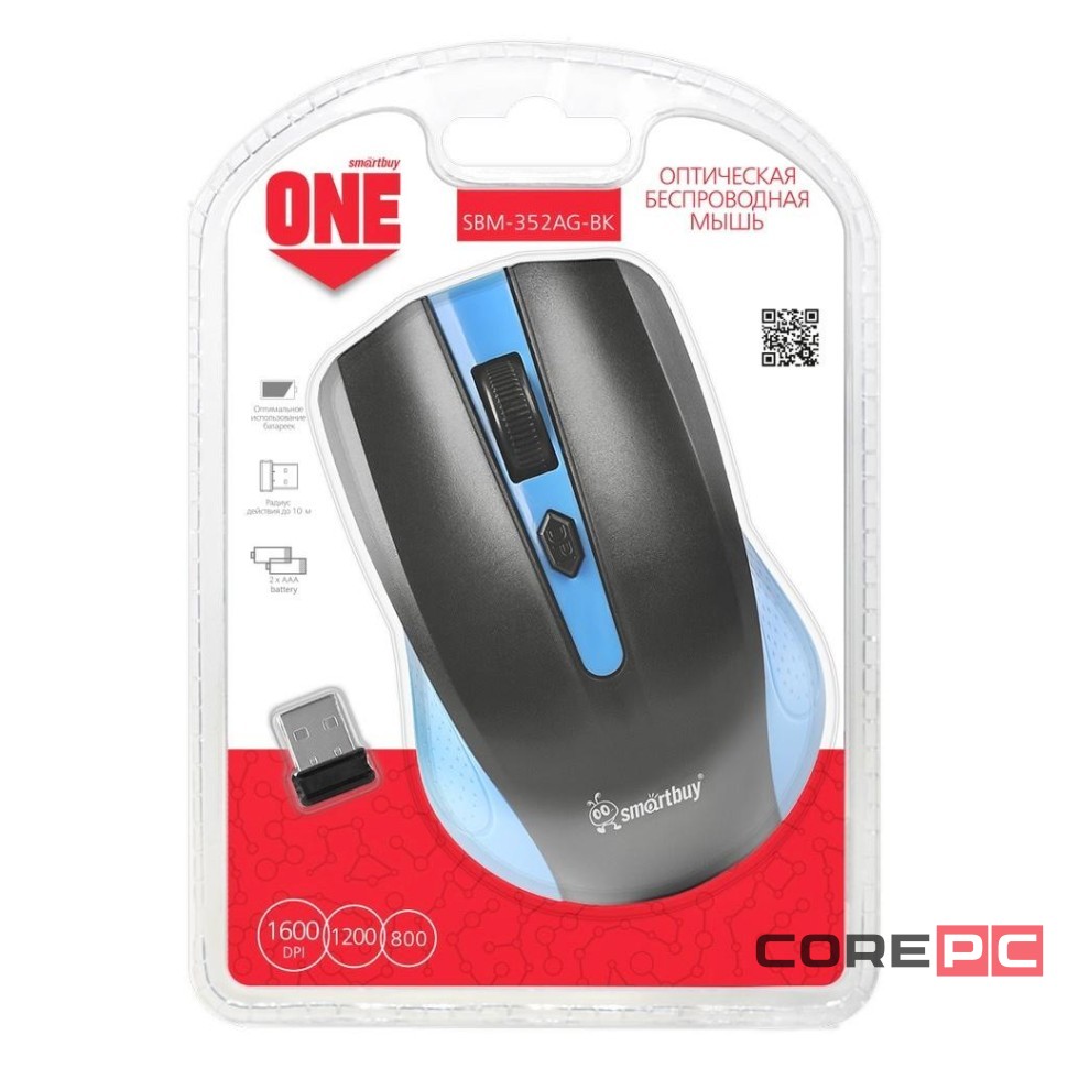 Мышь беспроводная Smartbuy ONE 352AG USB/DPI 800-1200-1600/4 кнопки/2AAA (SBM-352AG-BK) сине-черная