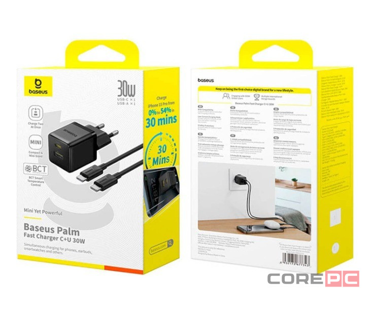 Сетевое зар. устр. Baseus Palm Charger 1USB/1C 30W кабель Type-C на Type-C P1011160A113-01 черное