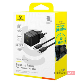 Сетевое зар. устр. Baseus Palm Charger 1USB/1C 30W кабель Type-C на Type-C P1011160A113-01 черное