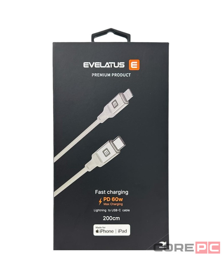 Usb Кабель-зарядка Type-C на Lightning Evelatus 60W 2м в тканевой оплетке белый