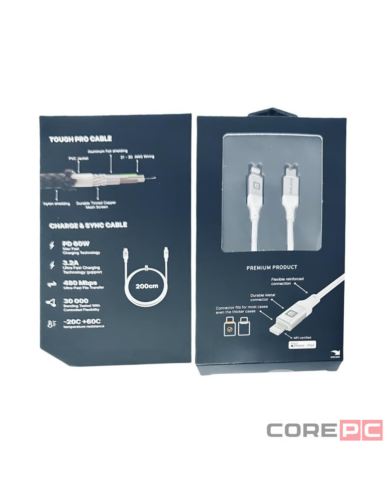 Usb Кабель-зарядка Type-C на Lightning Evelatus 60W 2м в тканевой оплетке белый