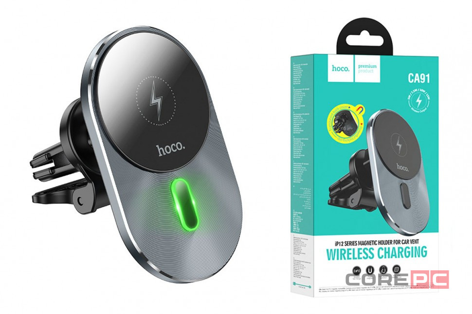 Держатель c беспроводной зарядкой в воздуховод Hoco CA91 (MagSafe) 15W магнитный черный