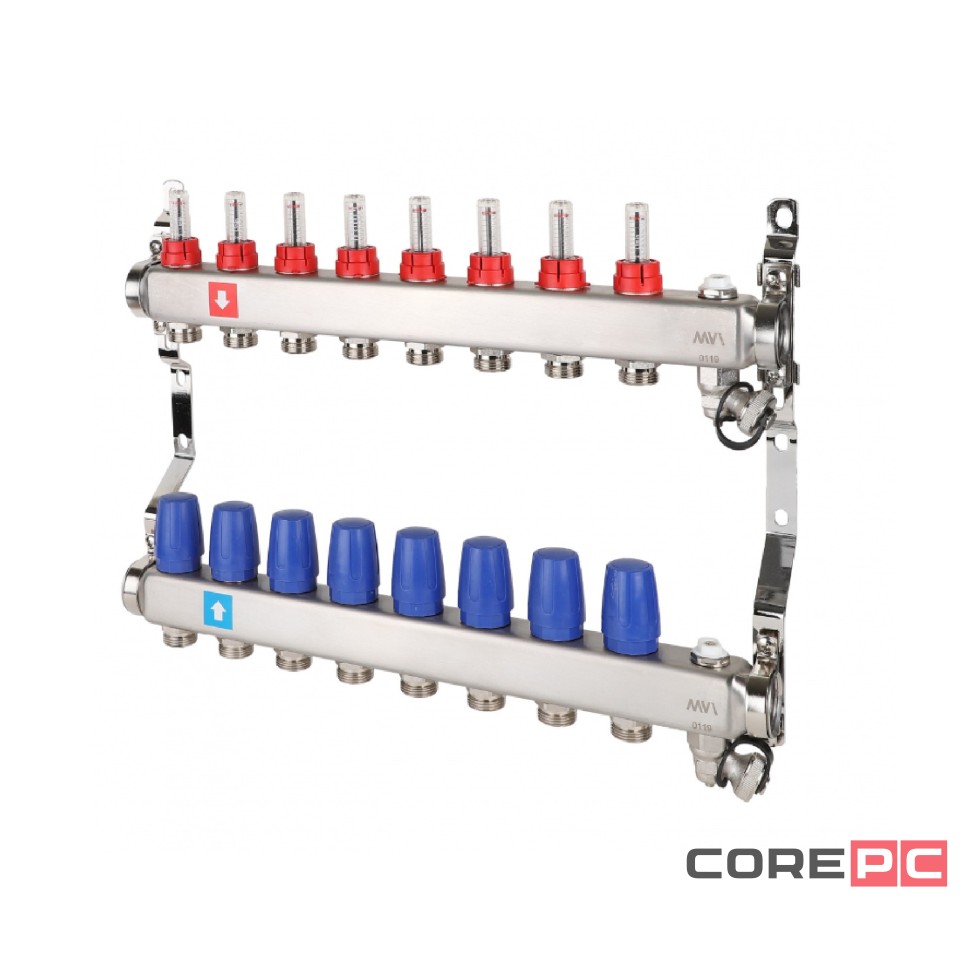 Коллектор MVI с расходомерами, дренажным краном и краном Маевского 1quot; х 3/4quot;ЕК 8вых.