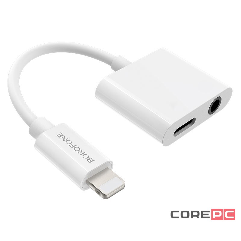 Переходник Borofone BV12 Lighting (папа) на AUX 3.5мм (мама)/Lighting (мама) серый