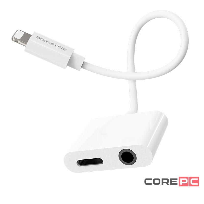 Переходник Borofone BV12 Lighting (папа) на AUX 3.5мм (мама)/Lighting (мама) серый