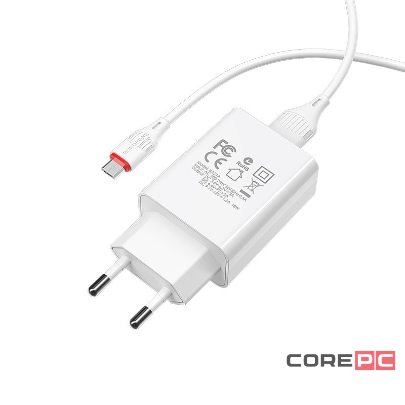 Сетевое зар. устр. Borofone BA21A с шнуром Micro 1USB 2.1A белое