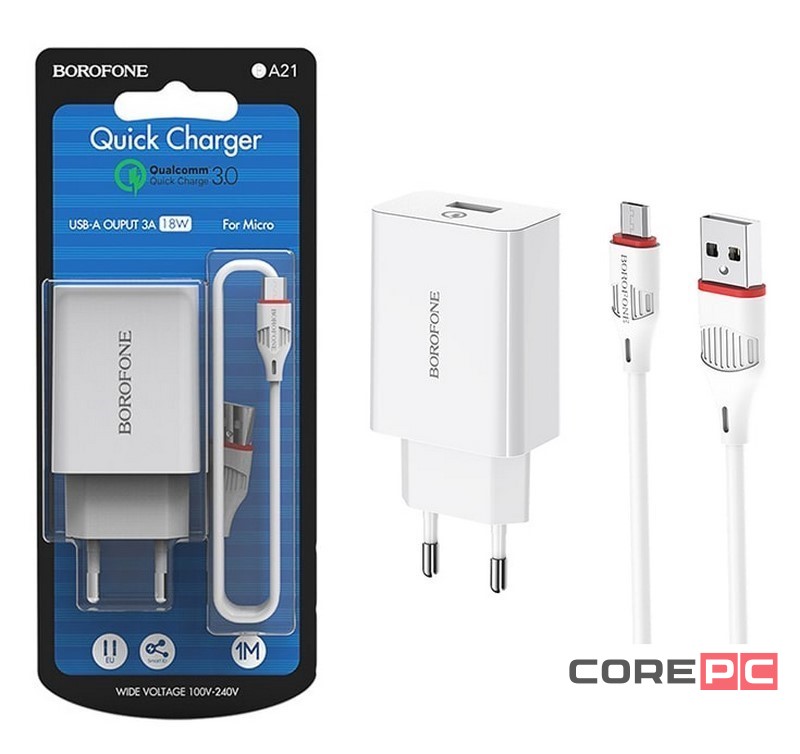 Сетевое зар. устр. Borofone BA21A с шнуром Micro 1USB 2.1A белое