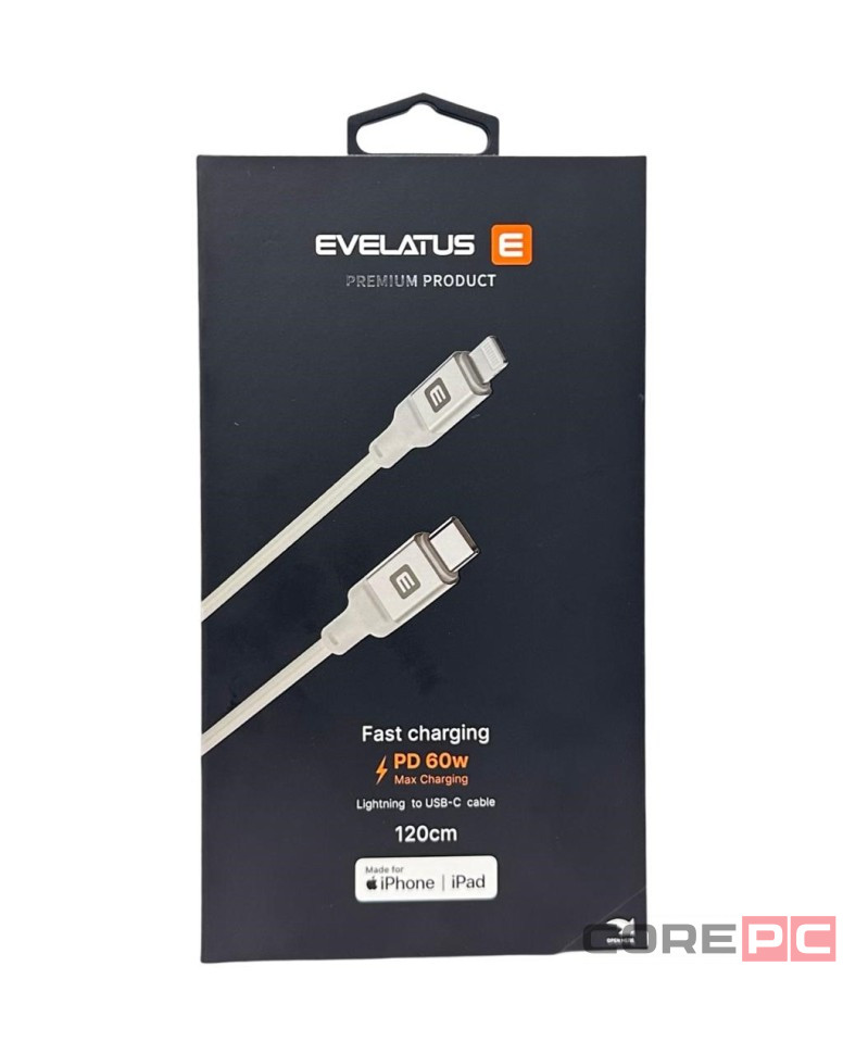 Usb Кабель-зарядка Type-C на Lightning Evelatus 60W 1,2м в тканевой оплетке белый