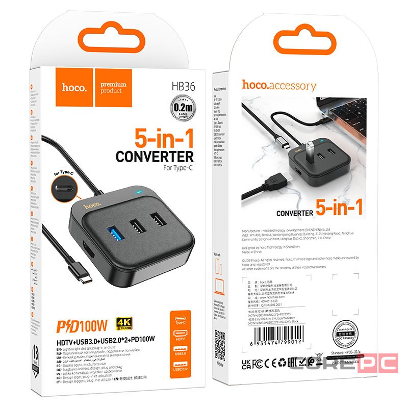 Кабель-переходник Hoco HB36 Type-C на HDMI/USB3.0/USB2.0/USB-C 0.2м черный