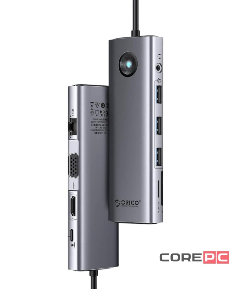 Кабель-переходник Orico PW11-10P Type-C на HDMI/USB3.0x3/USB-C/MicroSD/TF/AUX/VGA/RJ45 серый