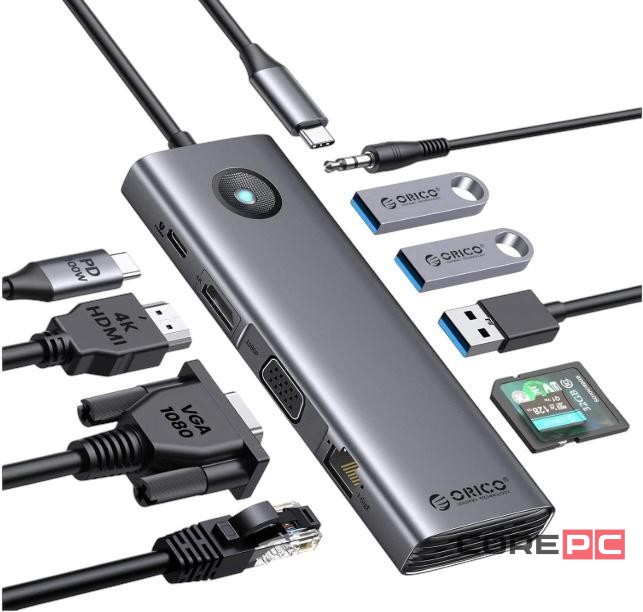 Кабель-переходник Orico PW11-10P Type-C на HDMI/USB3.0x3/USB-C/MicroSD/TF/AUX/VGA/RJ45 серый