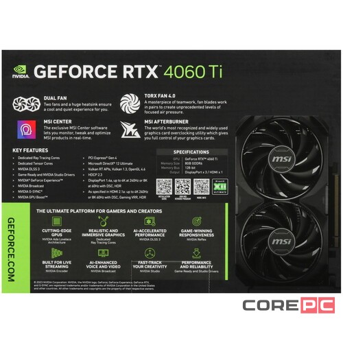 Видеокарта MSI (RTX 4060 Ti 8G VENTUS 2X BLACK E1 OC) GeForce RTX 4060 Ti 8GB VENTUS 2X BLACK E1 OC