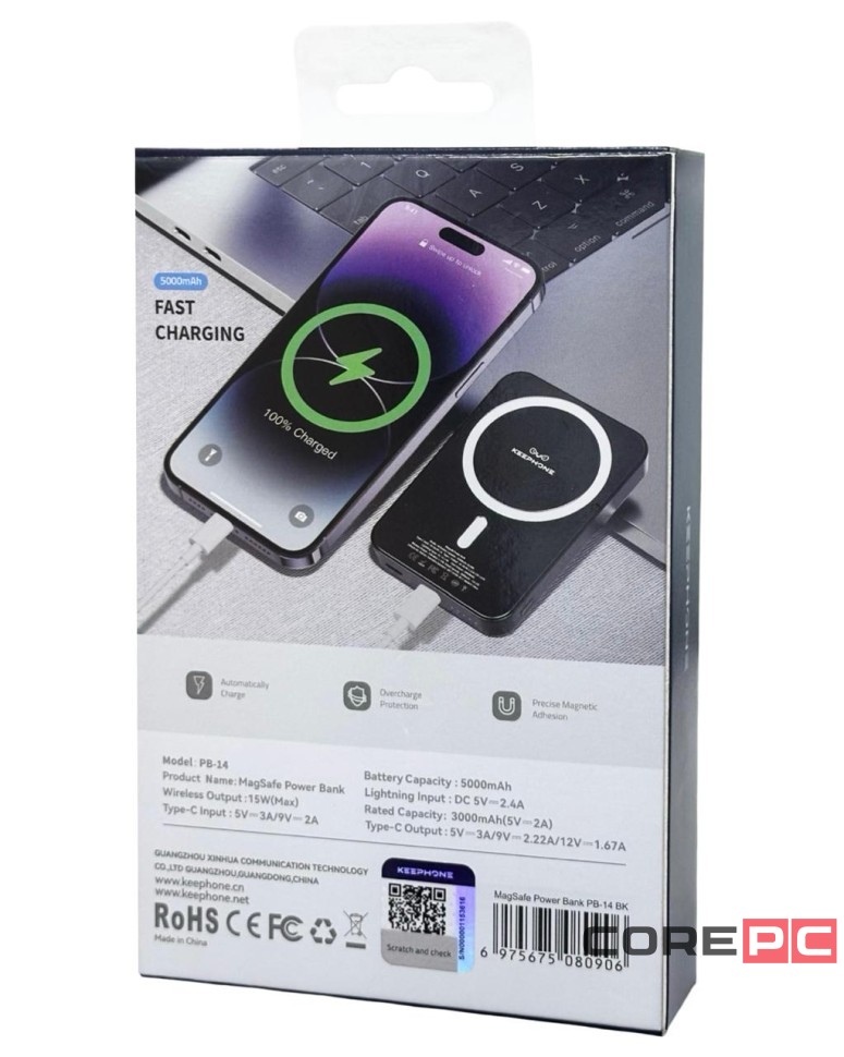 Powerbank с беспроводной зарядкой Keephone PB-14 5000mAh 1C 20W PB-14BK черный