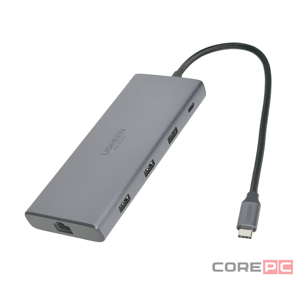 USB-хаб Ugreen Type-C 9в1 3USB/HDMI/RJ45/2Type-C//MicroSD/SD серый
