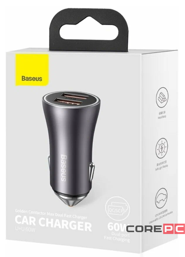 Автомобильное заряд. устр. Baseus Golden Contactor Max Dual Fast Charger 2USB 60W CGJM000013 серое