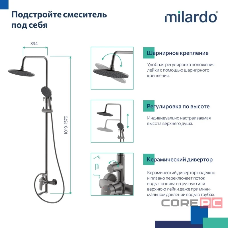 Душевая система Milardo 35к RORGM4FM06 Рора (Rora) лейка тропический душ, графит матовый