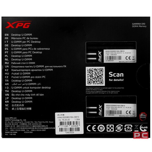 Оперативная память 16 Gb 3200 MHz ADATA XPG GAMMIX D10 Black (AX4U32008G16A-DB10)