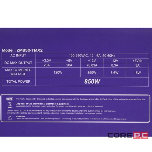 Блок питания Zalman 850W (ZM850-TMX2) 16 Pin (PCIe 5.0 Connector Cable Details)