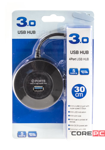 USB 3.0 хаб с выключателями, 4 порта, СуперЭконом круглый, черный, SBHA-7314-B/100