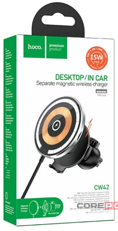 Держатель c беспроводной зарядкой в воздуховод Hoco CW42 (MagSafe) 15W магнитный черный