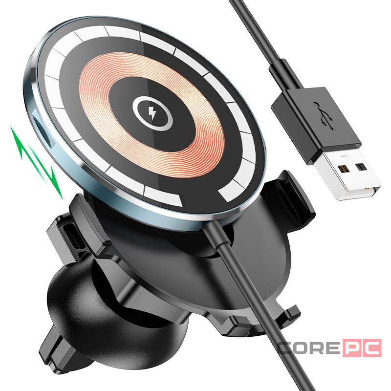 Держатель c беспроводной зарядкой в воздуховод Hoco CW42 (MagSafe) 15W магнитный черный