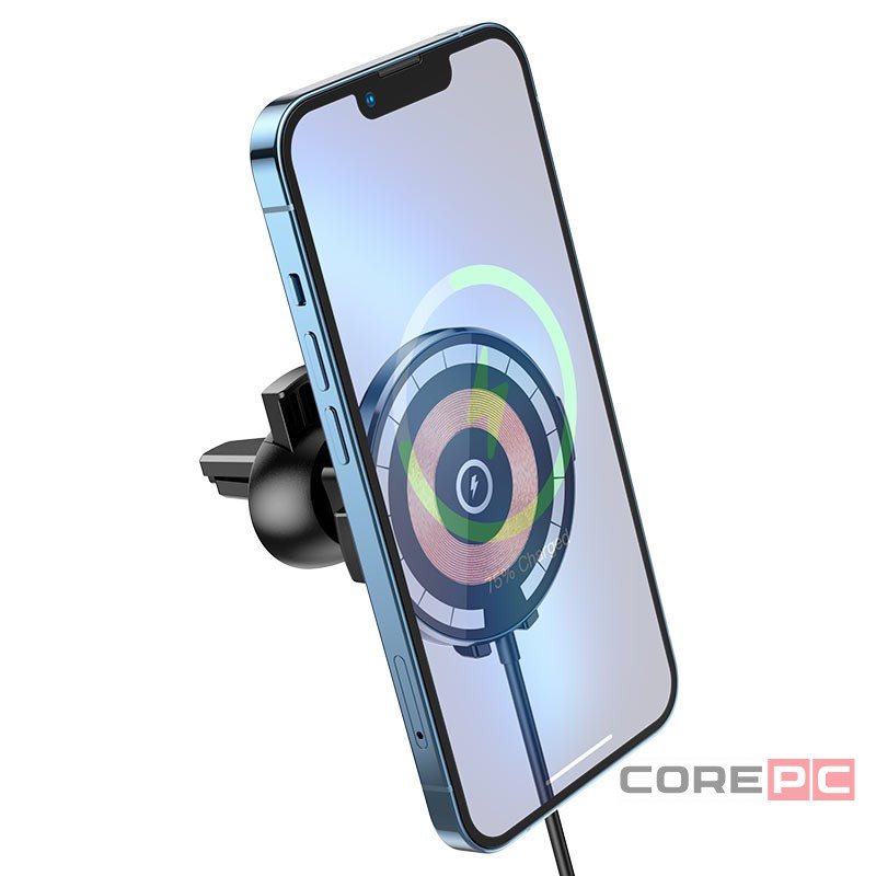 Держатель c беспроводной зарядкой в воздуховод Hoco CW42 (MagSafe) 15W магнитный черный