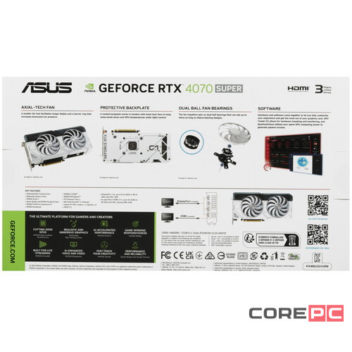 Видеокарта ASUS (DUAL-RTX4070S-O12G-WHITE) GeForce RTX 4070 SUPER 12GB DUAL OC White 90YV0K84-M0NA00