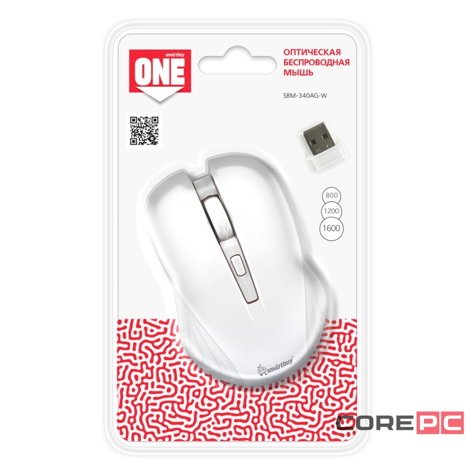 Мышь беспроводная Smartbuy ONE 340AG USB/DPI 800-1200-1600/4 кнопки/1AA белая (SBM-340AG-W)