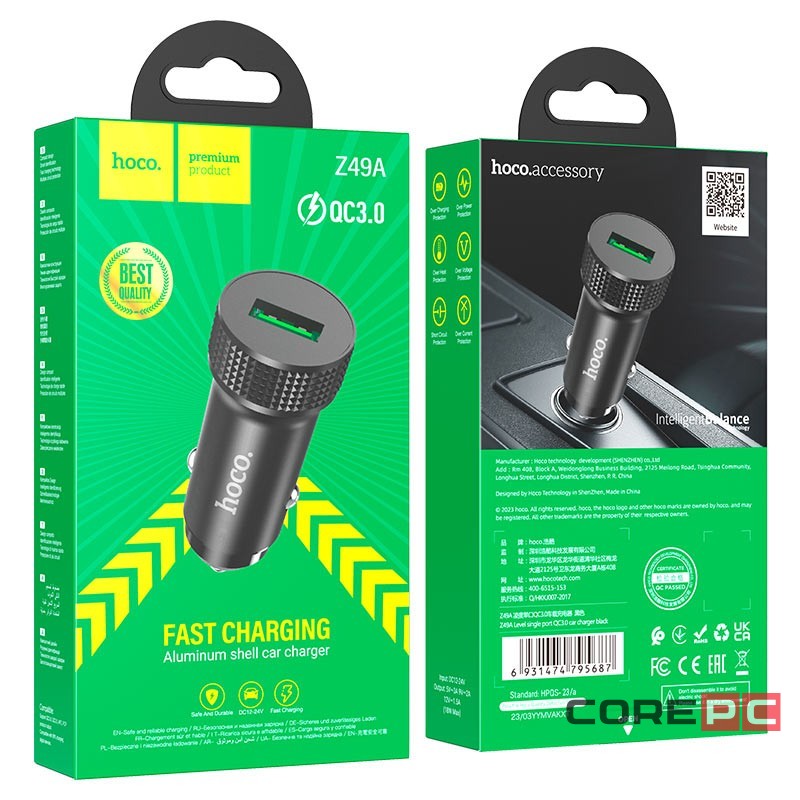 Автомобильное заряд. устр. Hoco Z49A 1USB QC3.0 черное
