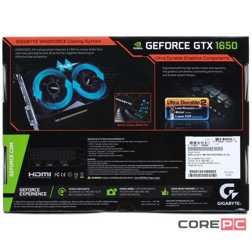 Видеокарта Gigabyte (GV-N1656WF2OC-4GD 3.0) GeForce GTX 1650 4GB D6 WINDFORCE OC