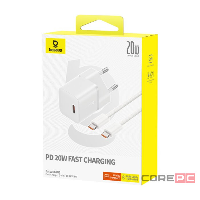 Сетевое зар. устр. Baseus GaN5 Mini 1C кабель Type-C на Type-C 20W P10110900213-01 белое