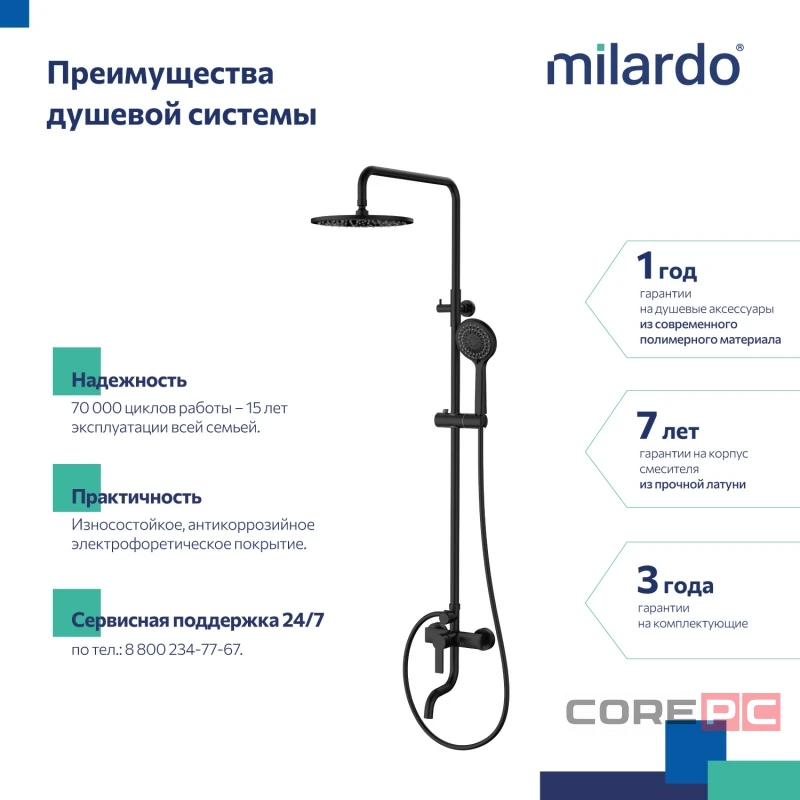 Душевая система Milardo 35к STRBL5FM06 Страйп (Stripe) лейка тропический душ, черный матовый