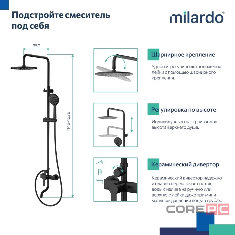 Душевая система Milardo 35к STRBL5FM06 Страйп (Stripe) лейка тропический душ, черный матовый