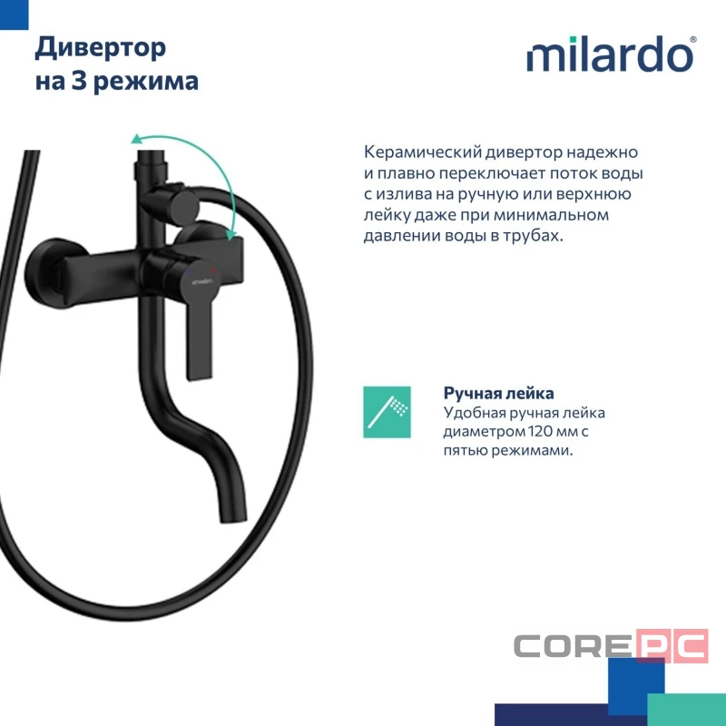 Душевая система Milardo 35к STRBL5FM06 Страйп (Stripe) лейка тропический душ, черный матовый