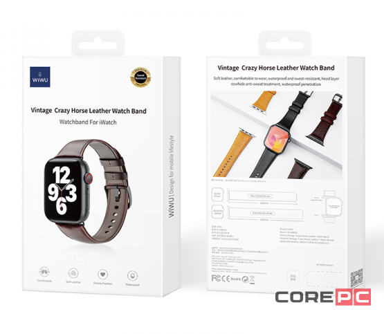 Кожаный ремешок Wiwu Vintage Crazy Horse Watch Band для Apple Watch 42/44/45/49mm темно-коричневый