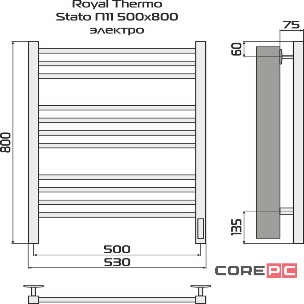 Полотенцесушитель Royal Thermo Stato П11 500х800 электро (встроен. диммер) стальной