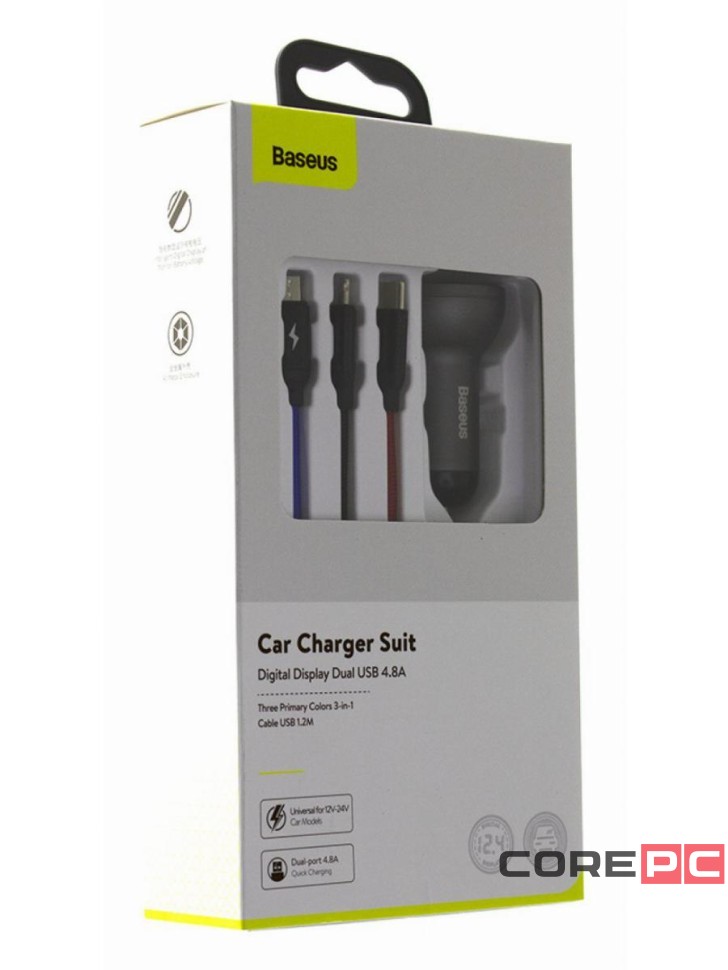 Автомобильное заряд. устр. Baseus Digital Display 2USB 2.4A с каб. 3в1 TZCCBX-0G серое