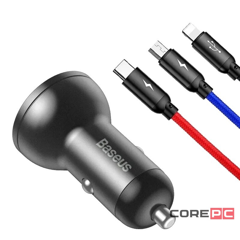 Автомобильное заряд. устр. Baseus Digital Display 2USB 2.4A с каб. 3в1 TZCCBX-0G серое