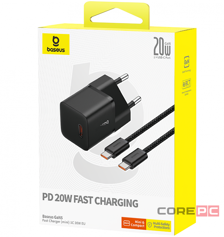 Сетевое зар. устр. Baseus GaN5 Mini 1C кабель Type-C на Type-C 20W P10110900113-01 черное