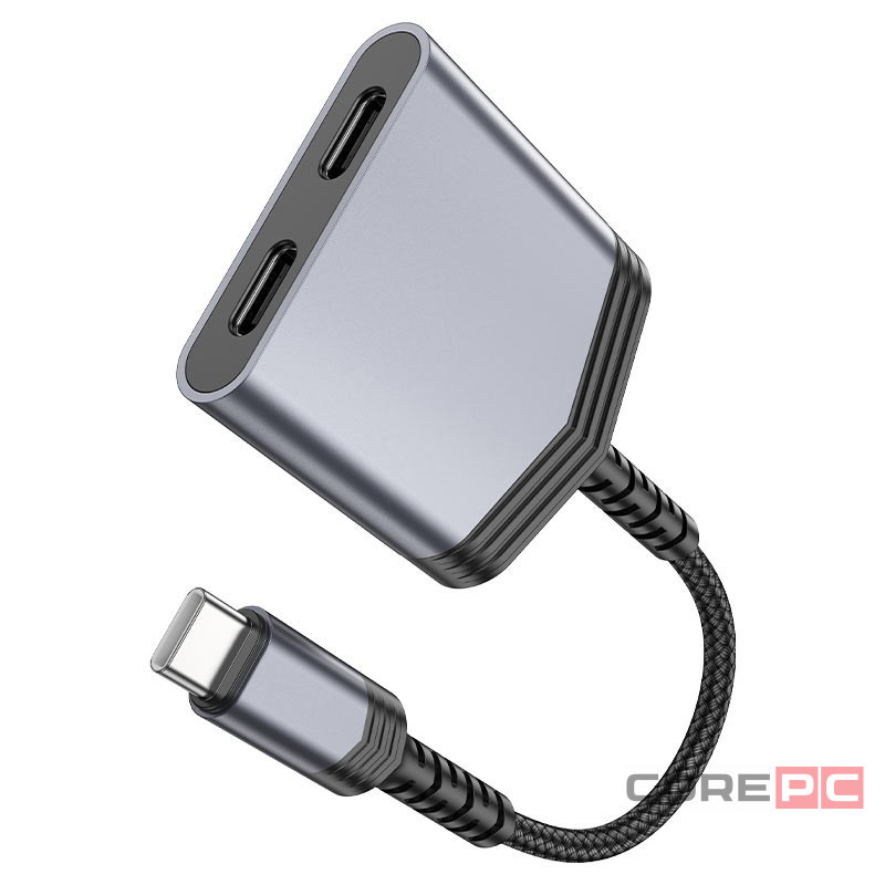 Кабель-переходник Hoco LS40 Type-C (папа) на 2USB-C (мама) серый
