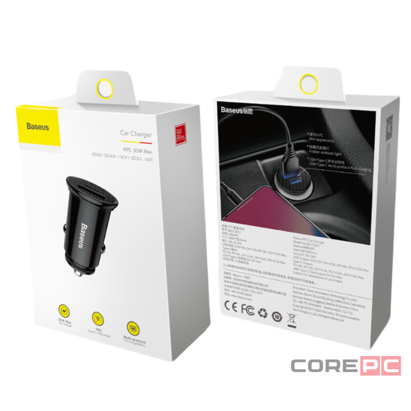 Автомобильное заряд. устр. Baseus Circular Plastic 1USB/1C 30W (CCALL-YS01) черное