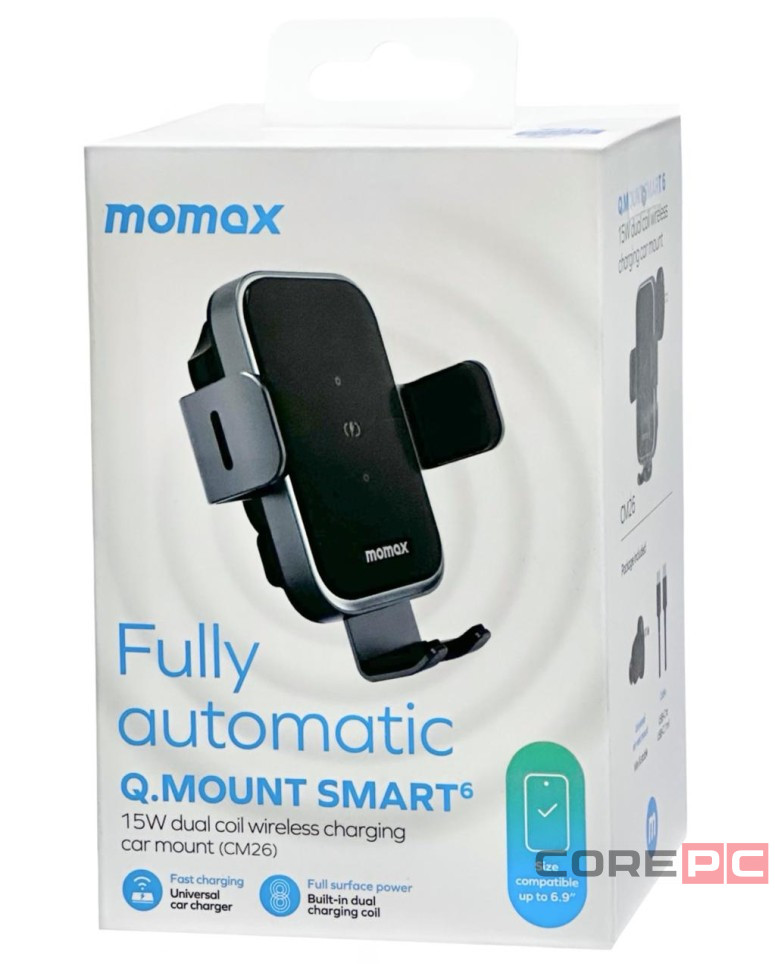 Держатель c зажимом c Magsafe в воздуховод Momax Q.Mount Smart6 Dual Coil Wireless 15W серый