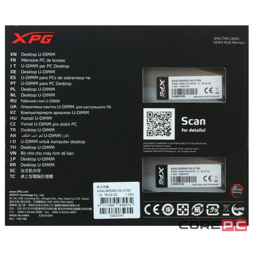 Оперативная память 16 Gb 3600 MHz ADATA XPG SPECTRIX D60 RGB Black (AX4U36008G18I-DT60)