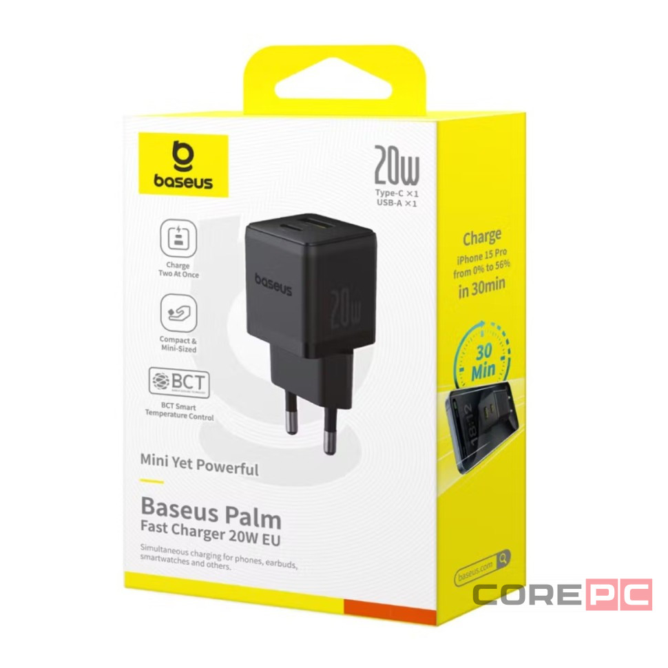 Сетевое зар. устр. Baseus Palm Fast Charger 1USB/1C 20W (P10111608113-00) черное