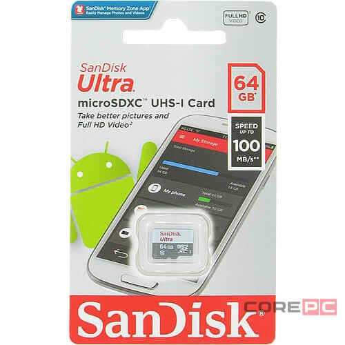 micro SDXC карта памяти SanDisk 64GB Class 10 UHS-1 Ultra 100MB/s без адапт. (SDSQUNR-064G-GN3MN)