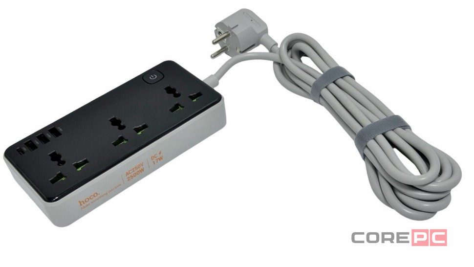 Сетевой фильтр Hoco AC7A 3 розетки/3USB/1USB-C 3м черный