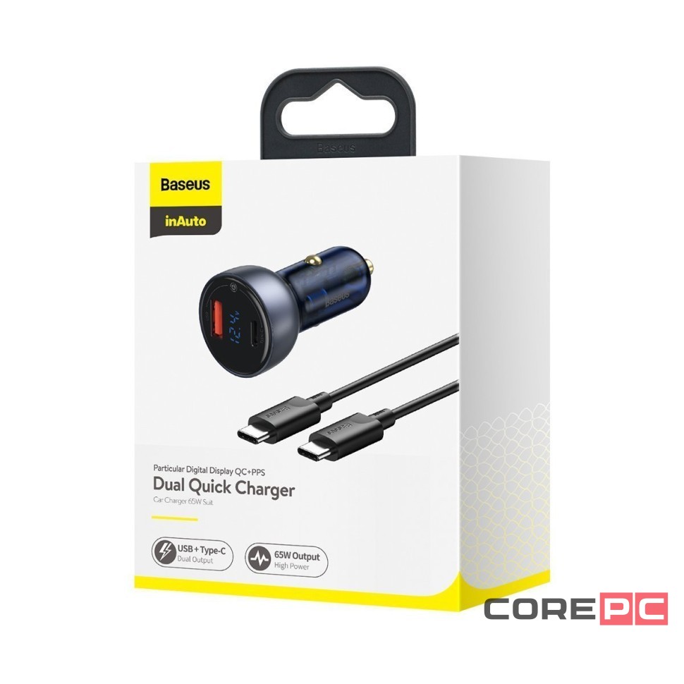 Автомобильное заряд. устр. Baseus 1USB/1C 65W с каб. Type-C (TZCCKX-0G) темно-серое